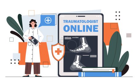 Traumatologe Online-Konzept. Frau in Arztuniform mit Röntgenbild des Fußes. Gesundheitswesen und Medizin, Behandlung und Diagnostik. Cartoon flache Vektorillustration isoliert auf weißem Hintergrund