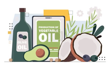 Illustration for Vegetable oil concept. Avocado and coconut near bottle. Natural and organic products with vitamins and healthy fats. Proper diet. Cartoon flat vector illustration isolated on white background - Royalty Free Image