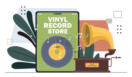 Vinyl record store concept. Shop and store with retro items and things. Audio eqipment for music and songs recording. Advertising and marketing, commerce. Cartoon flat vector illustration