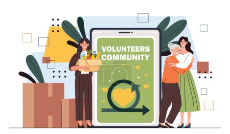 Volunteers community concept. Women with cardboard box with products and vegetables. Support and help for poor and elderly people. Cartoon flat vector illustration isolated on white background