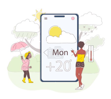 Weather forecast online simple. Mother and daughter look for weather. Meteorology application. Parent and kid in fall and autumn season. Doodle flat vector illustration isolated on white background