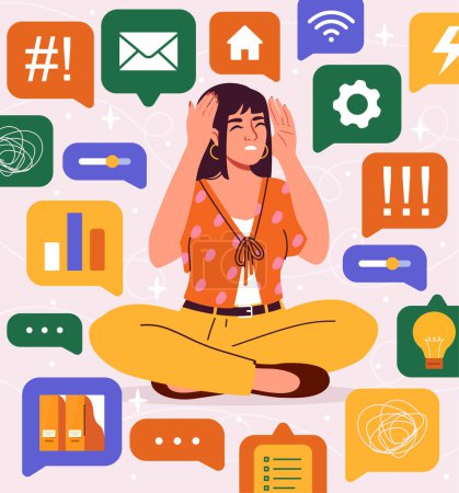 Illustration for Overthinking woman concept. Young girl sitting in lotus position near messages and mass media elements. Mental problems and disorders. Cartoon flat vector illustration isolated on pink background - Royalty Free Image