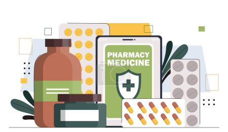 Illustration for Pharmacy medicine concept. Pills and drugs in blister. Health care and medicine, treatment. Online shopping and electronic commerce, marketing on internet. Cartoon flat vector illustration - Royalty Free Image