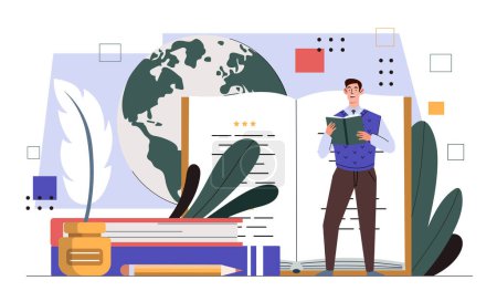 Illustration for Professional writer concept. Man with feather and book. Talented athor and copywriter with textbook or fiction. Freelancer create interesting content or story. Cartoon flat vector illustration - Royalty Free Image