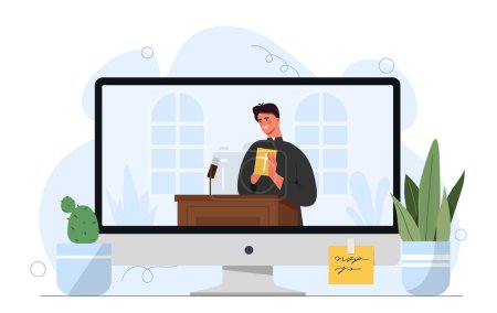 Online sermon concept. Man in black robe with holy book. Belief and faith. Religion occupation. Video conference in social networks. Cartoon flat vector illustration isolated on white background
