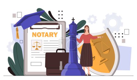 Notary service online concept. Woman with shield with scales and briefcase. Legal support of deals, lawyer with jurisprudence. Cartoon flat vector illustration isolated on white background