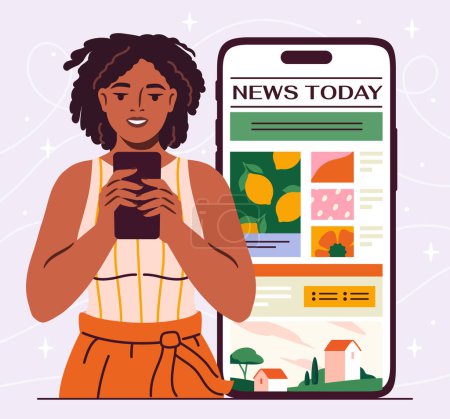 Woman with online news. Young girl with smartphone with information on internet. Mass media and articles at website. Character with phone. Cartoon flat vector illustration isolated on white background