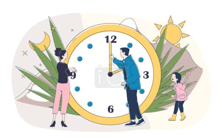 Moving clock arrows simple. Man and woman near clocks. Time management and organizaing effective workflow and study process. Doodle flat vector illustration isolated on white background