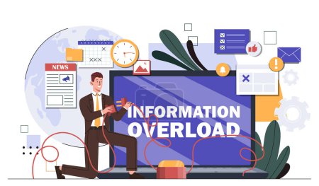 Man with information overload. Businessman with wires. Stress and panic from social networks and messengers. Social media addiction. Cartoon flat vector illustration isolated on white background