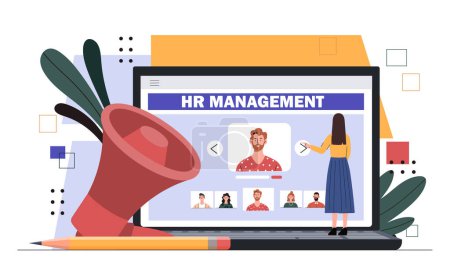 Illustration for HR management concept. Woman with loudspeaker evaluate candidate at vacancy. Headhunting and recruiting to company or organization. Hr manager at workplace. Cartoon flat vector illustration - Royalty Free Image