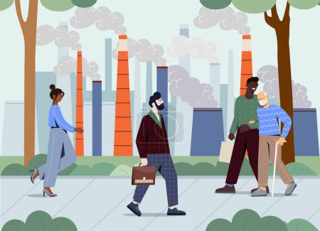 Industrial emissions concept. Men and women walk at city street at background of plants. CO2 steam in city. Chimney pollution in atmosphere. Dirty production. Cartoon flat vector illustration