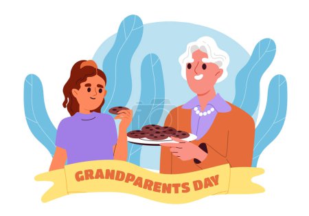 Grandparents day poster. Grandmother with daughter and chocolate cookies. International holiday and festival. Good relations in family. Cartoon flat vector illustration isolated on white background