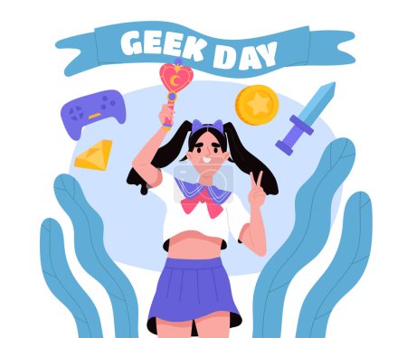 Geek day poster. Woman in anime costume wth gamepad and sword, diamond and golden coin. Entertainment and leisure. International holiday and festival. Cartoon flat vector illustration