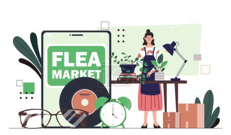 Flea market woman concept. Woman with items from garage. Sale for neighbourhoods. Vinyl record and books. Discounts and promotion. Cartoon flat vector illustration isolated on white background