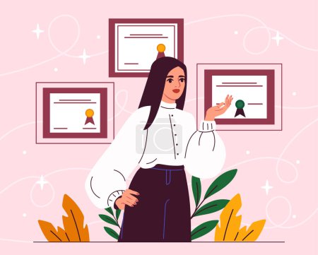 Woman with certificates concept. Young girl with diplomas and documents at wall. Success and motivation. Worker and businesswoman with awards and rewards. Cartoon flat vector illustration