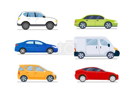 Illustration for Set of cars. Pack of automobiles. Red and yellow, green suv. Transport and vehicle. Urban life transportation. Colorful automobiles. Cartoon flat vector collection isolated on white background - Royalty Free Image