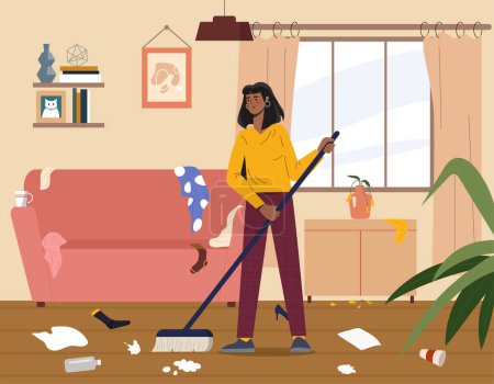 Illustration for Woman cleaning house concept. Young girl with brush inside apartment . Cleaniness and hygiene. Mess and chaos in apartment. Housewife in dirty room. Cartoon flat vector illustration - Royalty Free Image