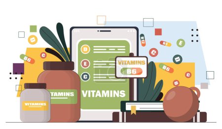 Illustration for Healthy complex concept. Natural and organic supplements and vitamins for healthy and active lifestyle. Health care and medicine. Cartoon flat vector illustration isolated on white background - Royalty Free Image