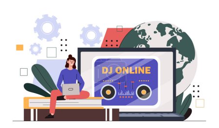 Illustration for DJ online concept. Woman with laptop near speaker. Young girl with audio equipment. Talented musician with mixer console on internet. Cartoon flat vector illustration isolated on white background - Royalty Free Image