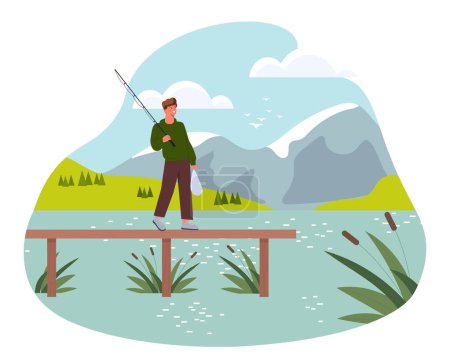 Man with fishing concept. Young guy with fishing rod at lake or river. Leisure outdoors. Character at wooden bridge catch fish. Cartoon flat vector illustration isolated on white background