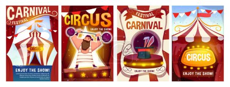 Set von Zirkusshow-Postern. Einladungen zum Karneval oder Volksfest mit Zirkuszelt, Zauberer und Stuntkünstler. Vergnügungspark-Ticket. Cartoon flache Vektorillustration isoliert auf weißem Hintergrund