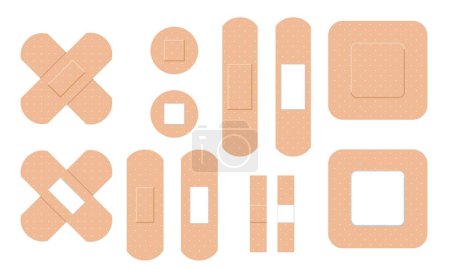 Set of Medical plasters. Adhesive bandage for first aid for wounds, operations and skin injuries. Protecting open wound from infection. Cartoon realistic vector collection isolated on white background