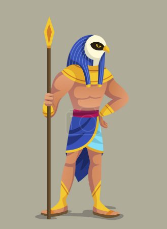 Ancient Egyptian god. Egyptian mythology character with falcon head and staff. Historical Poster with Amon Ra or Horus. Image of sun god or patron of kingdom of dead. Cartoon flat vector illustration