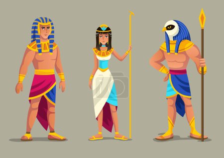 Set of Ancient Egyptian gods. Egyptian mythology characters. Cleopatra, Pharaoh and sun god Amon Ra or Horus with falcon head. King and Queen of Egypt. Cartoon flat vector illustration collection