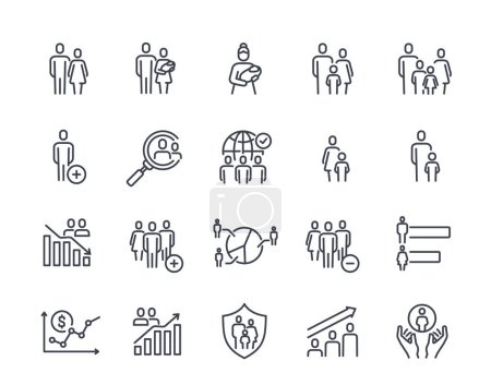Set of linear Demographic Icons. Simple symbols with families, populations, birth rates, social groups, gender statistics. Editable stroke. Outline flat vector collection isolated on white background
