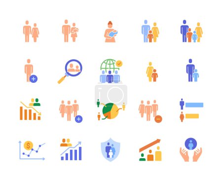 Set of colorful Demographic Icons. Bright signs with social groups, birth and death statistics and population numbers. Design for app. Cartoon flat vector collection isolated on white background