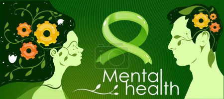 Illustration for Mental Health Awareness Month. Poster with man and woman with flowers, green ribbon and cogs in head. Fighting psychological disorders. Mindfulness and wellbeing. Cartoon flat vector illustration - Royalty Free Image