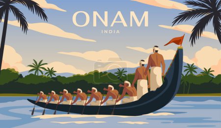 Joyeux festival Onam. Paysage avec rivière, palmiers et personnes ramant sur un bateau de serpent. Carte de voeux pour les vacances traditionnelles indiennes. Fête de la récolte au Kerala. Illustration vectorielle plate de bande dessinée