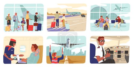 Set of scenes with people at airport. Happy tourists take luggage, sit in waiting room or fly on airplane. Passengers queue for check in. Cartoon flat vector illustrations isolated on white background puzzle 713303154