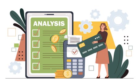 Illustration for Analysis of financial activities concept. Woman with banking card near atm terminal and golden coins. Financial literacy and passive income, budgeting. Cartoon flat vector illustration - Royalty Free Image