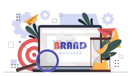 Brand manager concept. Promotion of company on internet and social networks and messengers. Creating logotype for organization. Cartoon flat vector illustration isolated on white background