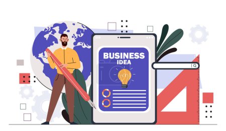 Illustration for Business expansion idea. Man with large pencil near globe. Globalization, international trading. Businessman with financial literacy and passive income. Cartoon flat vector illustration - Royalty Free Image