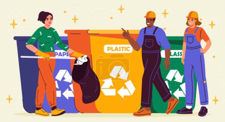Cleaning staff concept. Man and women near colorful trashcans with recycling symbols. Care about ecology, nature and environment. Cartoon flat vector illustration isolated on beige background