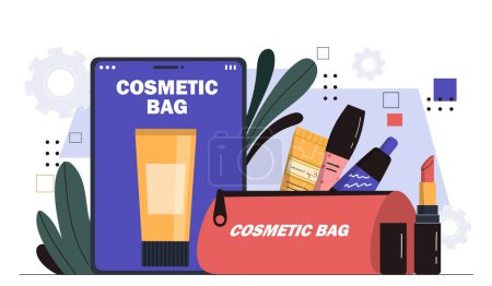 Illustration for Cosmetic bag concept. Lotions and creams in packages, moistruizers. Beauty and SPA procedures and treatment. Aesthetics and elegance. Cartoon flat vector illustration isolated on white background - Royalty Free Image