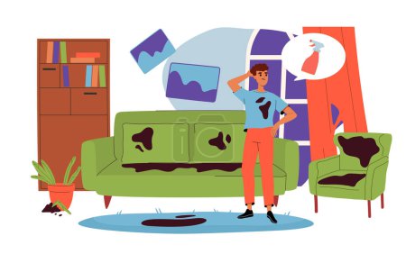 Man in dirty room concept. Young guy stand at apartment with mess and chaos. Stains of soil at sofa and floor. Household chores and routine, cleanliness. Cartoon flat vector illustration