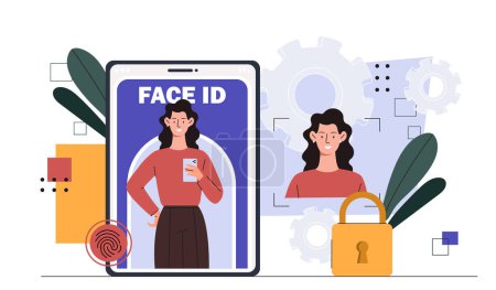 Face ID concept. Recognition, authorization and authentication. Internet safety and personal data protection. Password and log in. Cartoon flat vector illustration isolated on white background