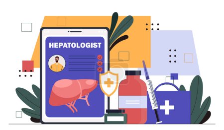 Illustration for Hepatologist equipment concept. Pills and drugs medicines near notepad. Medical experiments. Diagnosis, health care and treatment. Cartoon flat vector illustration isolated on white background - Royalty Free Image