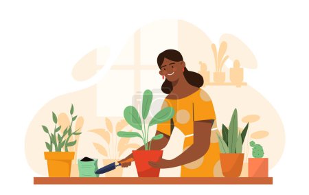 Woman with houseplants. Young girl with flowerpots with tropical and exotic plants, leaves. Gardening and horticulture, botany. Comfort and coziness indoors. Cartoon flat vector illustration