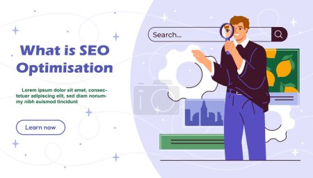 Local SEO poster. Promotion in social networks and messengers, websites. SMM specialist with magnifying glass and coghweeels. Landing webpage design. Cartoon flat vector illustration