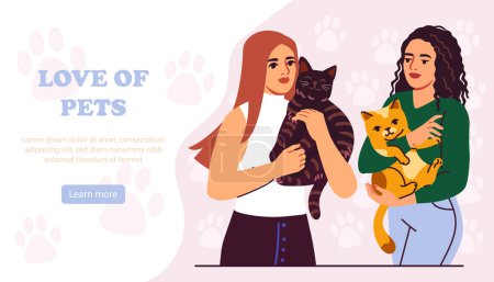 Illustration for Love of pet poster. Women with purebred cats. Love and care about domestic animals. Charity, kindness and generosity. Landing webpage design. Cartoon flat vector illustration - Royalty Free Image
