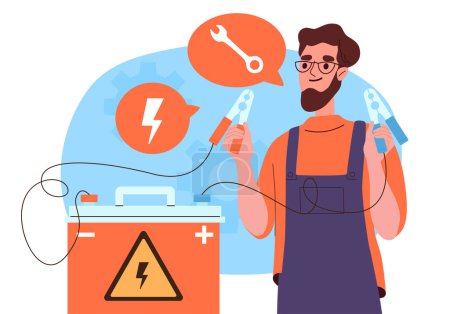 Mechanic with accumulator concept. Man in uniform with voltage and electricity. Repairman with plus and minus terminals. Young guy fix problems. Cartoon flat vector illustration