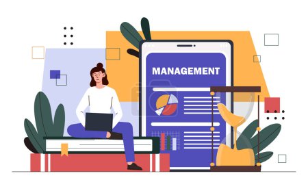 Woman with tasks management. Time management and organization of efficient work process. Young girl with laptop sitting at stack of books. Hardworking businesswoman. Cartoon flat vector illustration