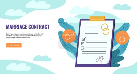 Illustration for Marriage contract poster. Document and agreement between husband and wife. Legal protection of private property. Landing webpage design. Wedding ceremony. Cartoon flat vector illustration - Royalty Free Image