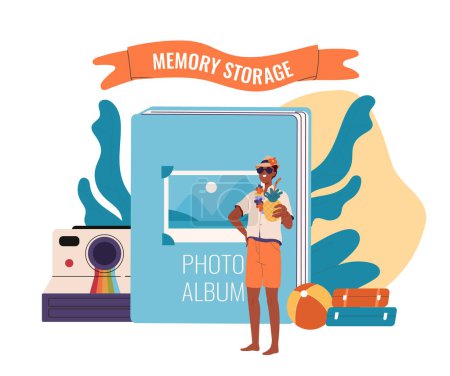 Memory storage concept. Man with pineapple drink and camera. Scrapbook with photographies from vacation and memories about life. Cartoon flat vector illustration isolated on white background