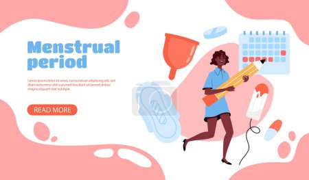 Menstrual period poster. Woman with sanitary pad near calendar. Fertility and ovulation, menstruation. Female reproductive system. Landing webpage design. Cartoon flat vector illustration