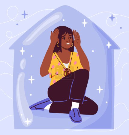 Fear of new things concept. Woman with neophobia. Young girl sitting in bubble inside home. Mental and psychological disorder. Cartoon flat vector illustration isolated on blue background